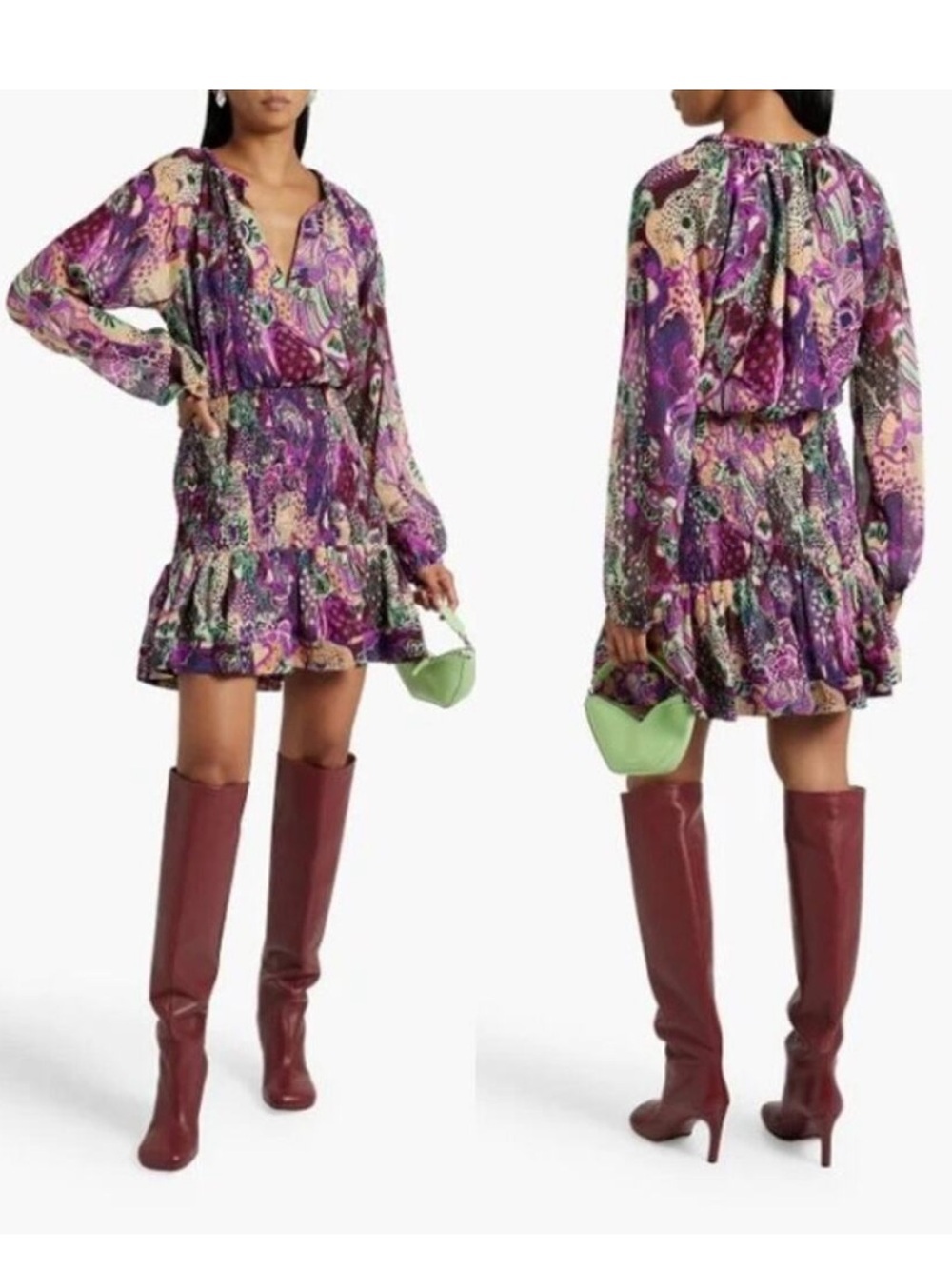 NWOT A.L.C. 100% Silk Purple Multi-Pattern Mini Sheer Sleeve Smocked Calli Dress
